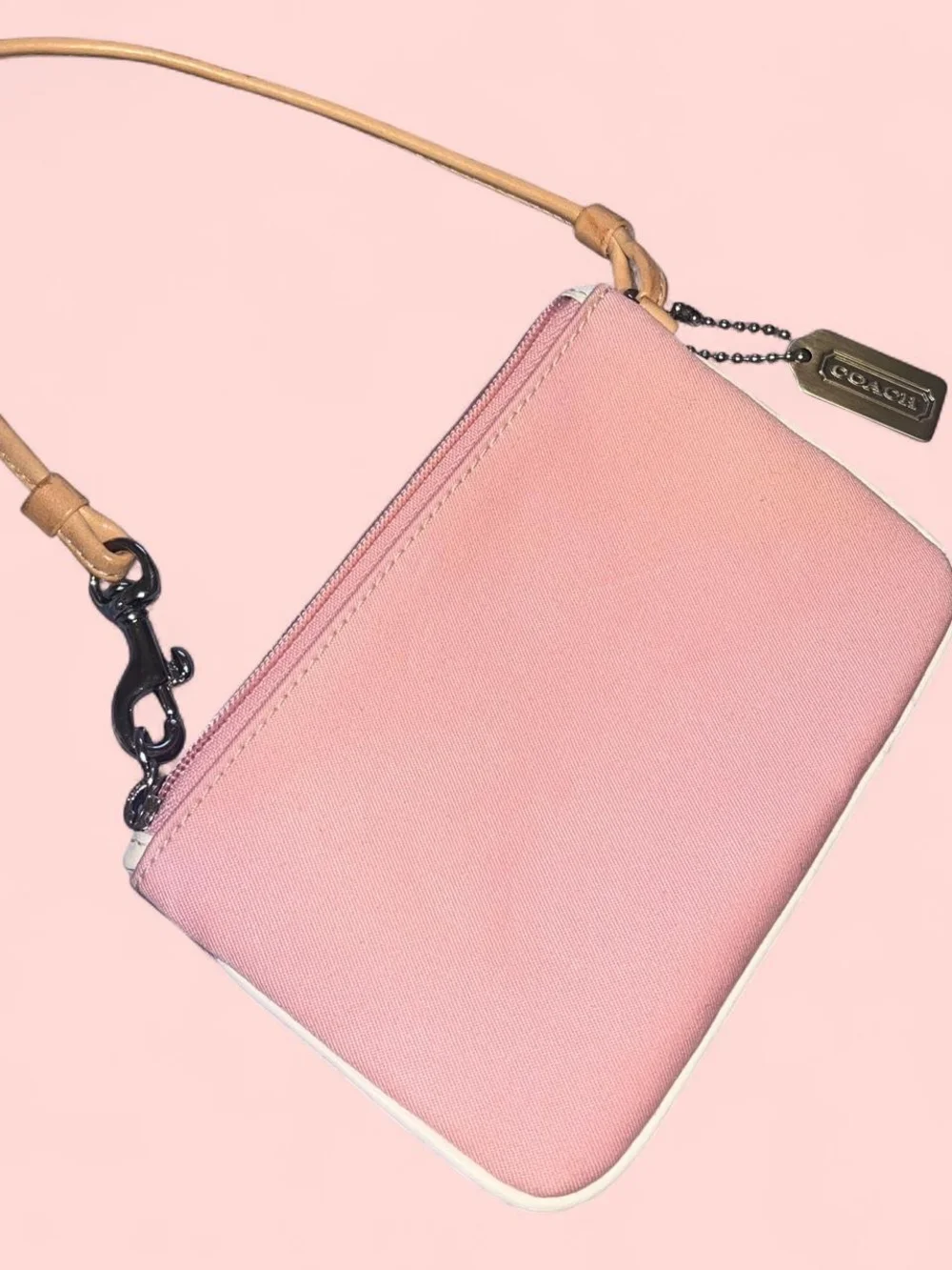 Vintiage Y2k Coach Pink Canvas Wristlet with Cream Trim and Tan Strap
